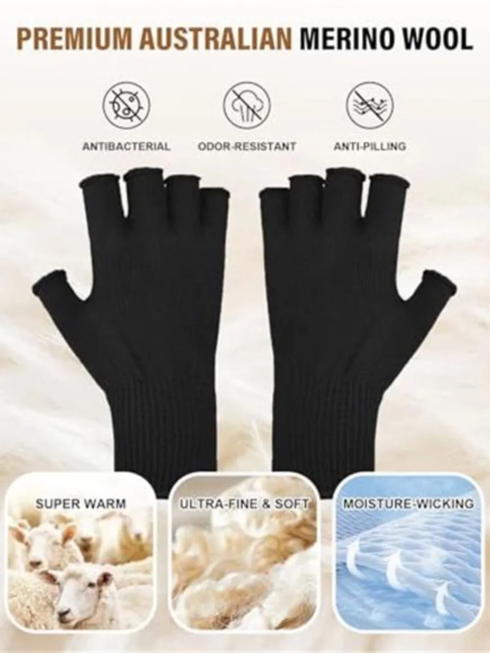 Mens Womens Fingerless Gloves Merino Wool Liner Touchscreen Knit Winter Warm
